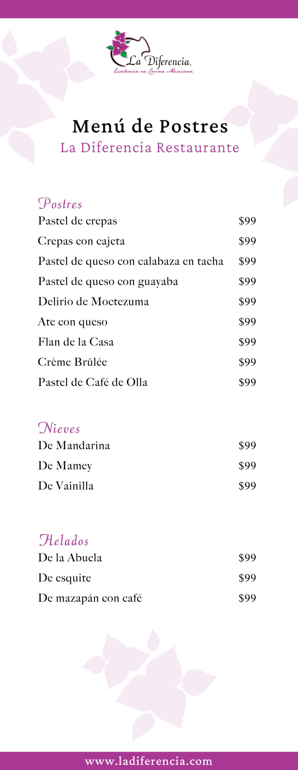 Menú Postres – La Diferencia